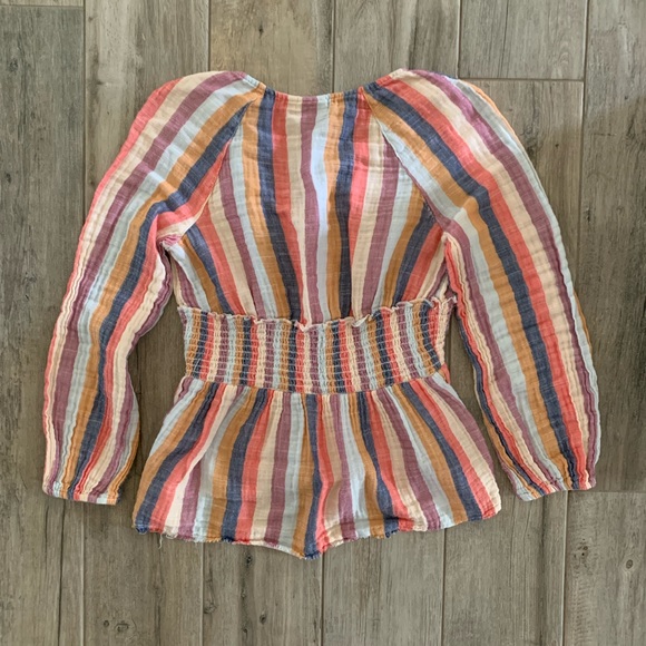 TRUE CRAFT Striped Peplum High Low V-Neck Knot Long Sleeve Top Women’s Size S/M - Picture 6 of 9